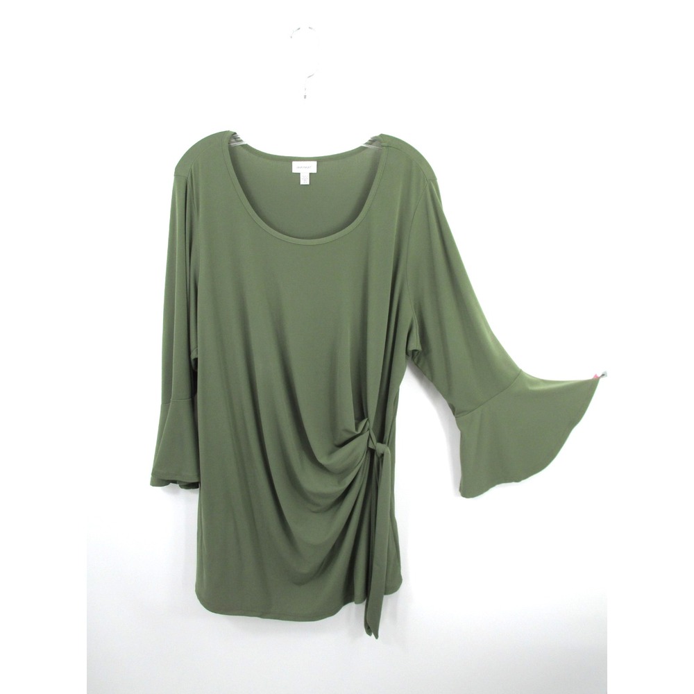 AVENUE Pullover Tunic Top Women 18 Olive Green Side Tie Bell Sleeve Fairy Boho